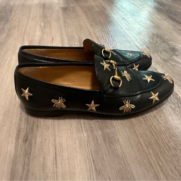 Gucci Black Leather Jordaan Embroidered Bee Horsebit Slip On Loafers Size 37 - Picture 8 of 14